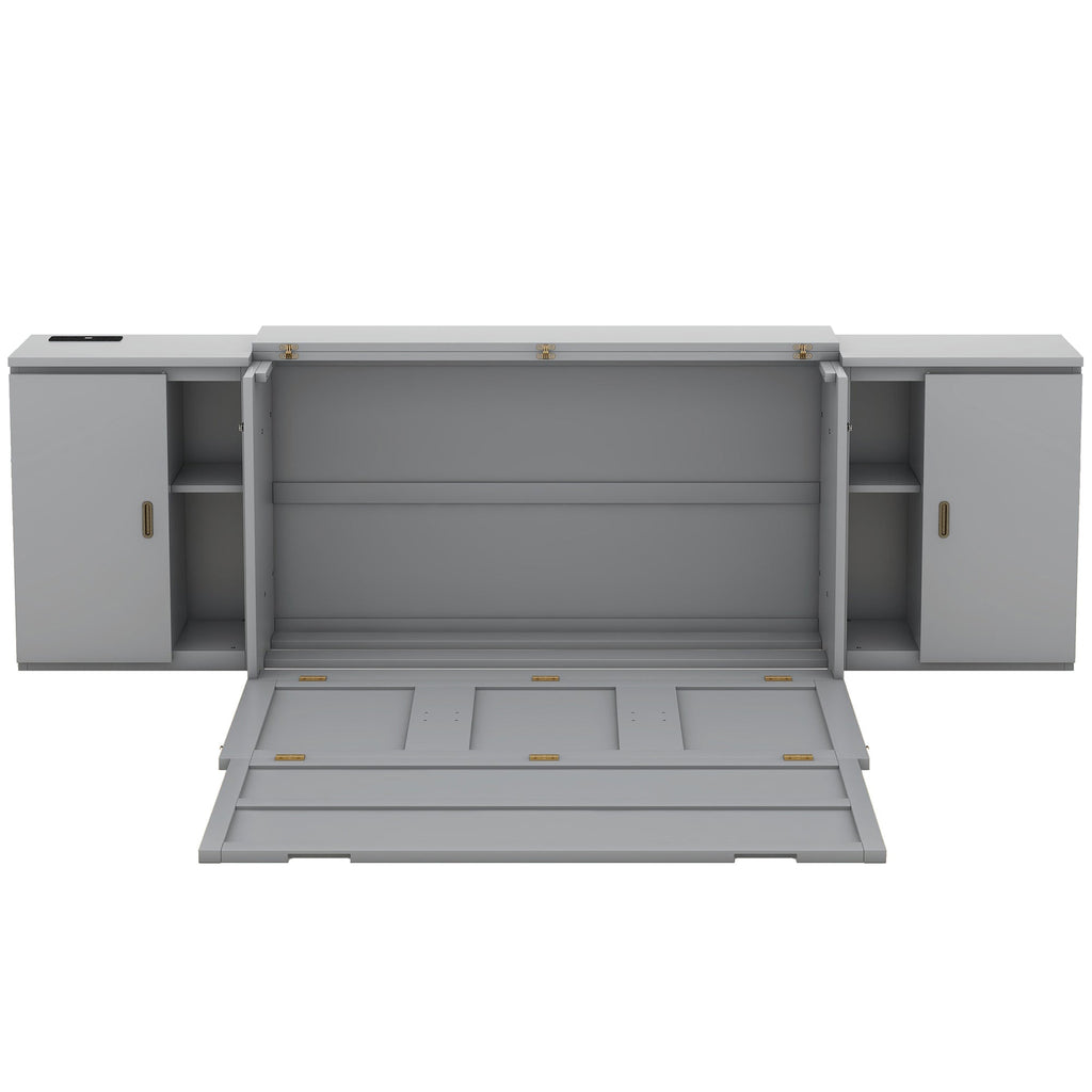 Queen Size Murphy Bed with Shelves, Cabinets and USB Ports,Gray