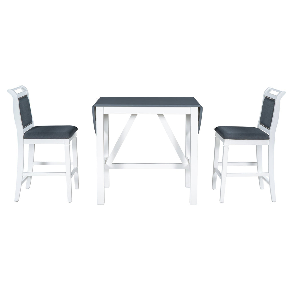 TOPMAX 3-Piece Wood Counter Height Drop Leaf Dining Table Set with 2 Upholstered Dining Chairs for Small Place White+Gray