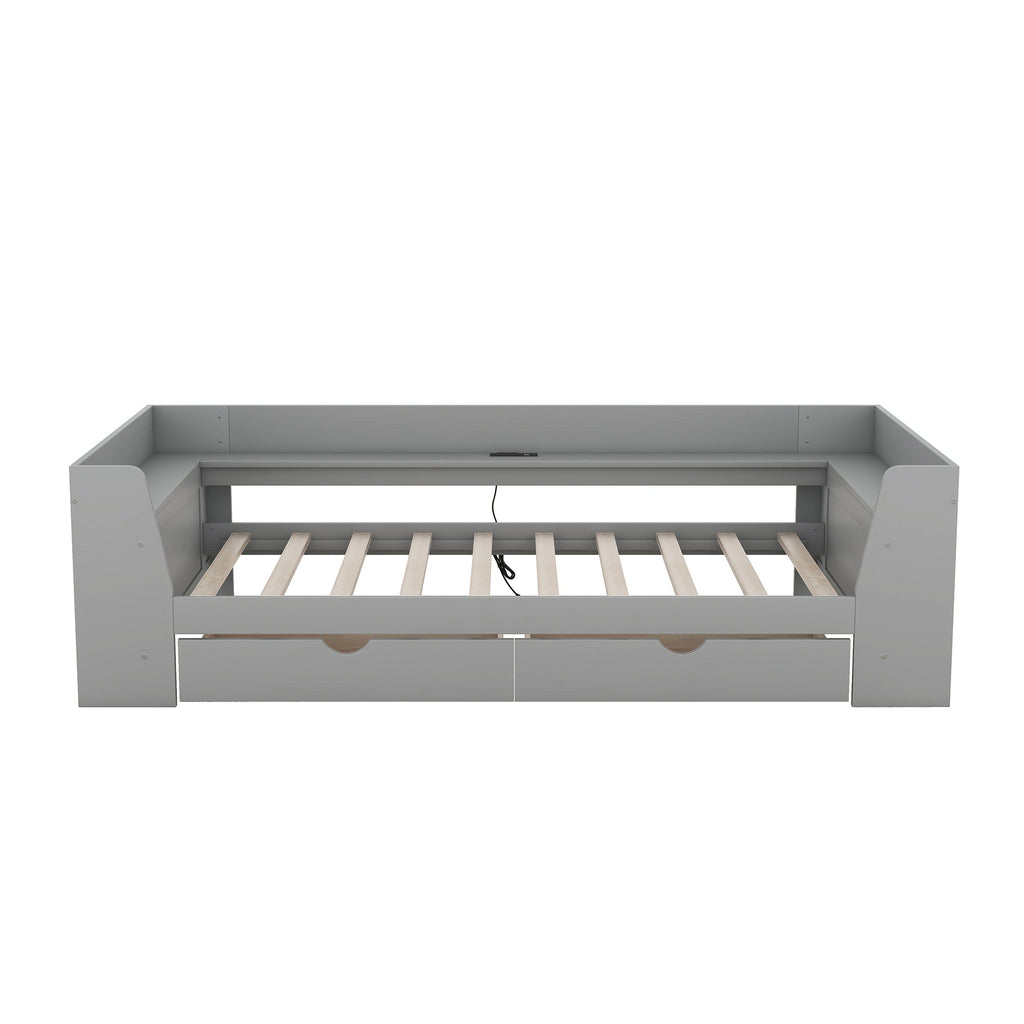Twin Size Daybed with Shelves, Drawers and Built-In Charging Station, Gray