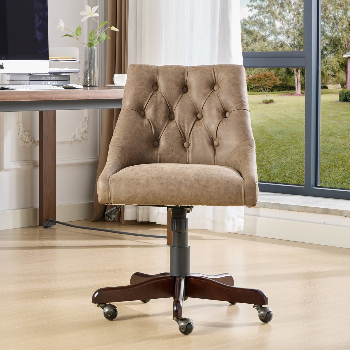 Medieval retro style sheepskin patterned home office chair with lifting, rotating, and tilting functions, brown