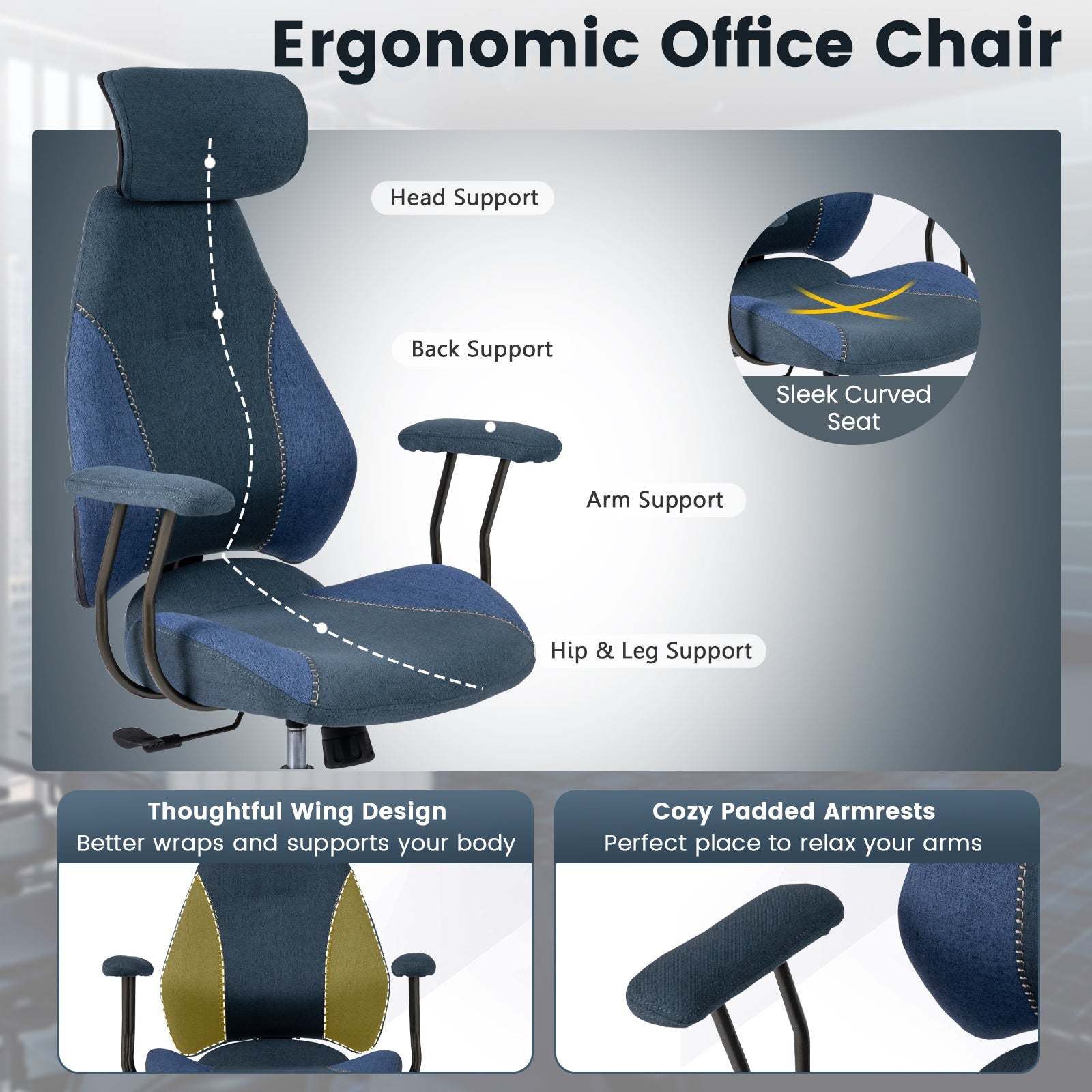 Ergonomic Office Chair Computer Desk Chair with 2D Headrest and Rocking Backrest