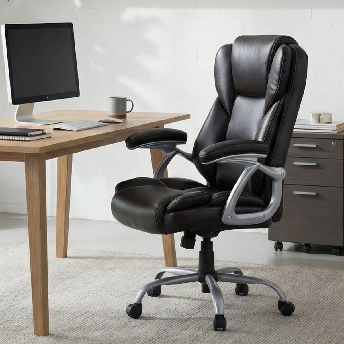 Executive Office Chair Leather Ergonomic Computer Desk Chair with Padded Seat and Armrests