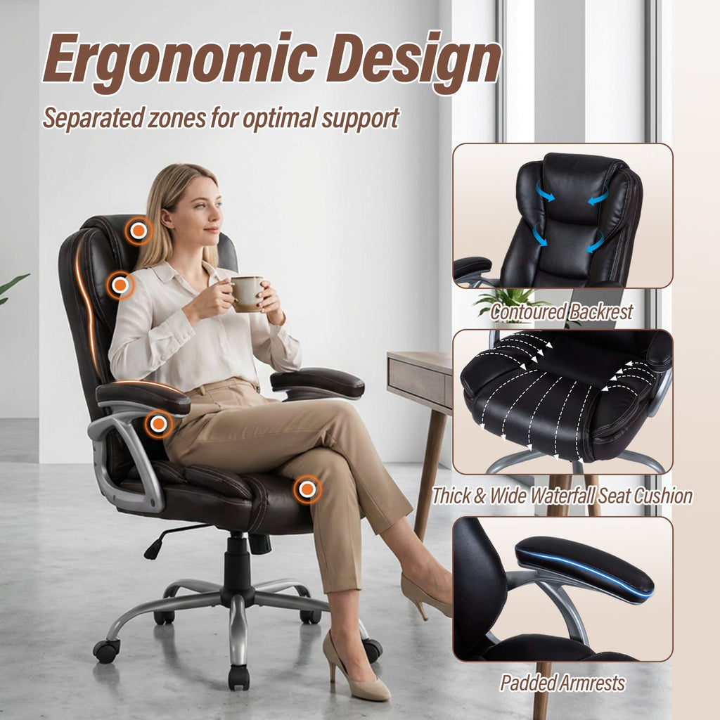 Executive Office Chair Leather Ergonomic Computer Desk Chair with Padded Seat and Armrests