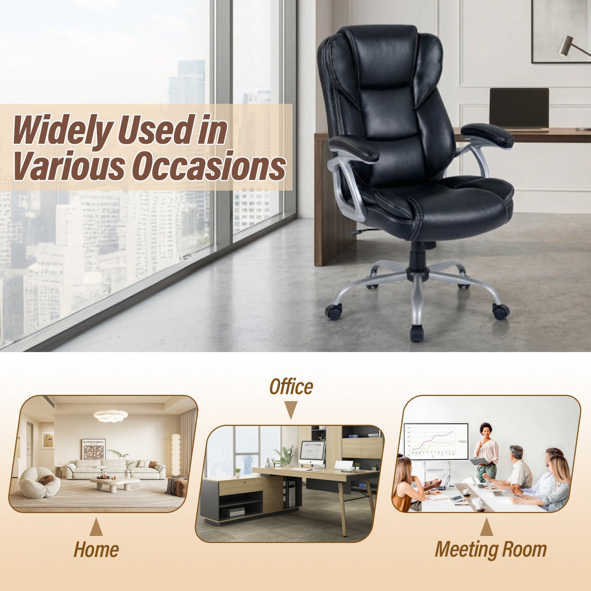 Executive Office Chair Leather Ergonomic Computer Desk Chair with Padded Seat and Armrests