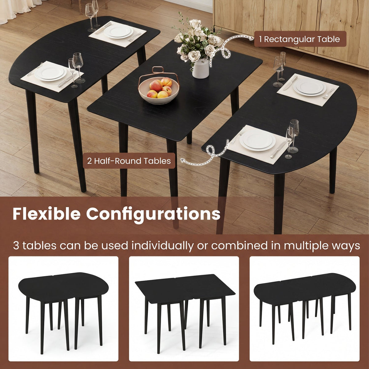 Extendable Oval Dining Table Set with 2 Half-Round Tables for 4-6 People