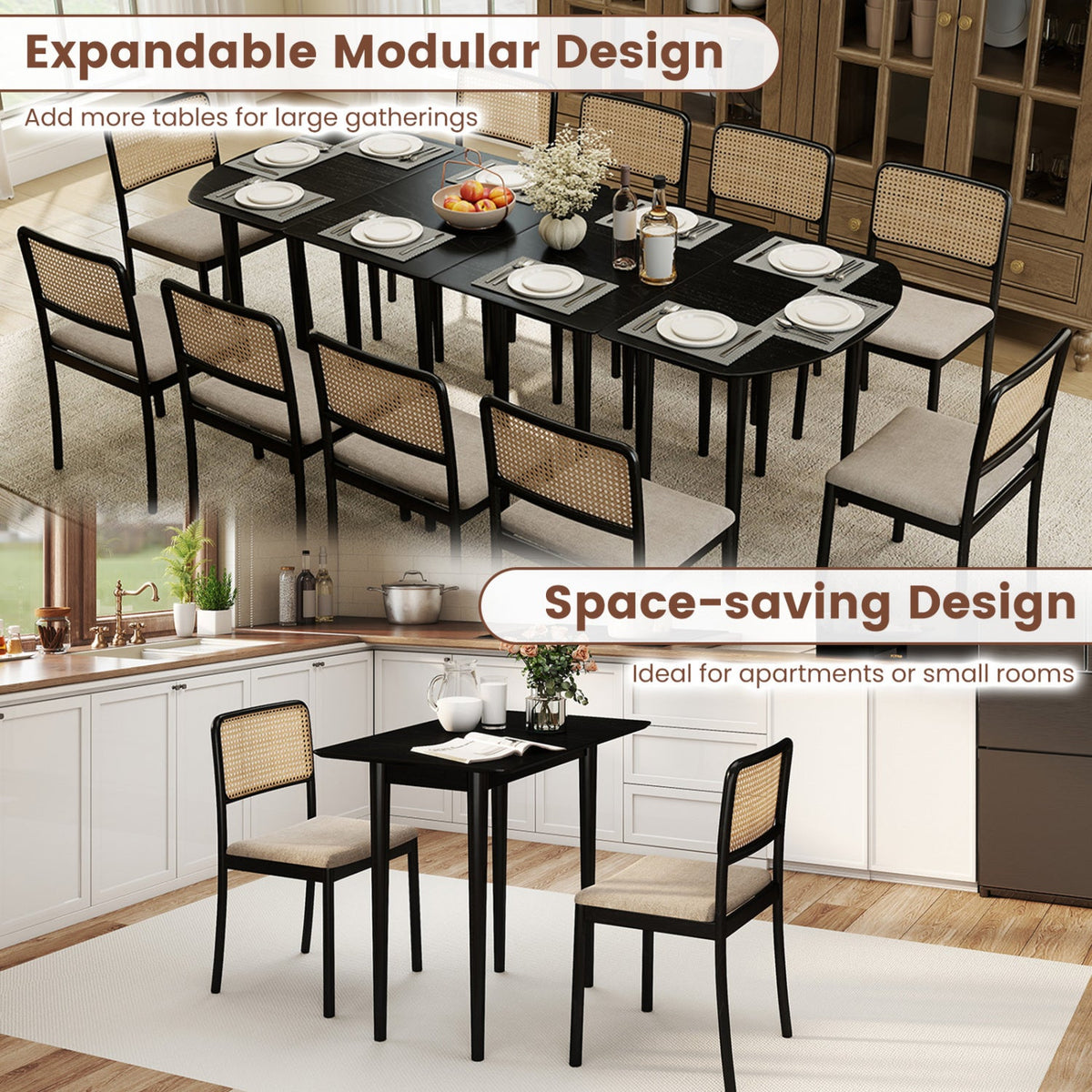 Extendable Oval Dining Table Set with 2 Half-Round Tables for 4-6 People