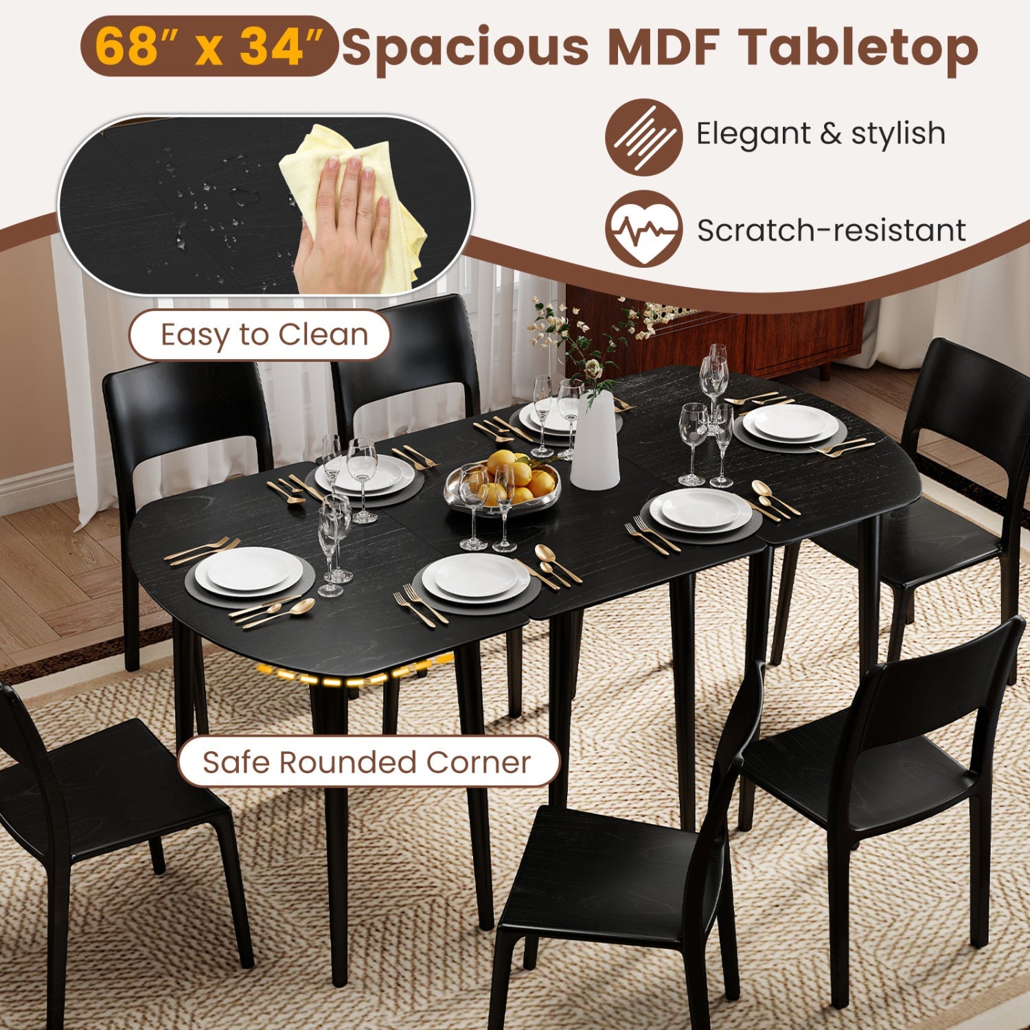 Extendable Oval Dining Table Set with 2 Half-Round Tables for 4-6 People