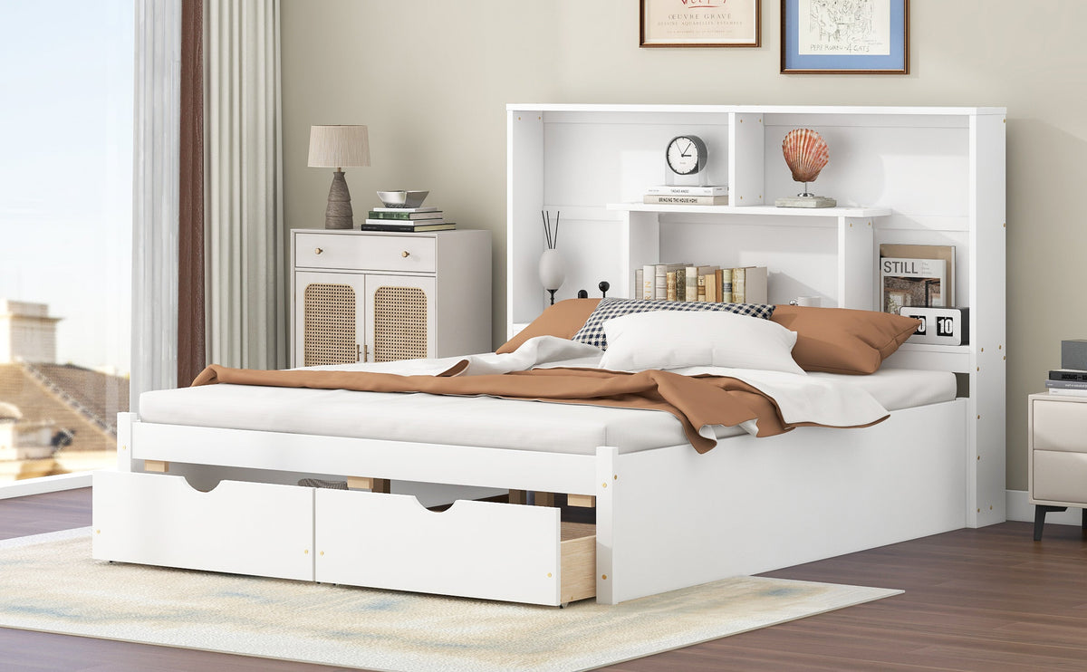 Queen Size Platform Bed with Storage Headboard and 2 Drawers, White
