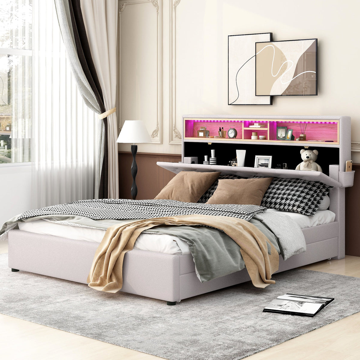 Queen Size Upholstered Platform Bed with Storage Headboard  LED  USB Charging and 2 Drawers  Beige