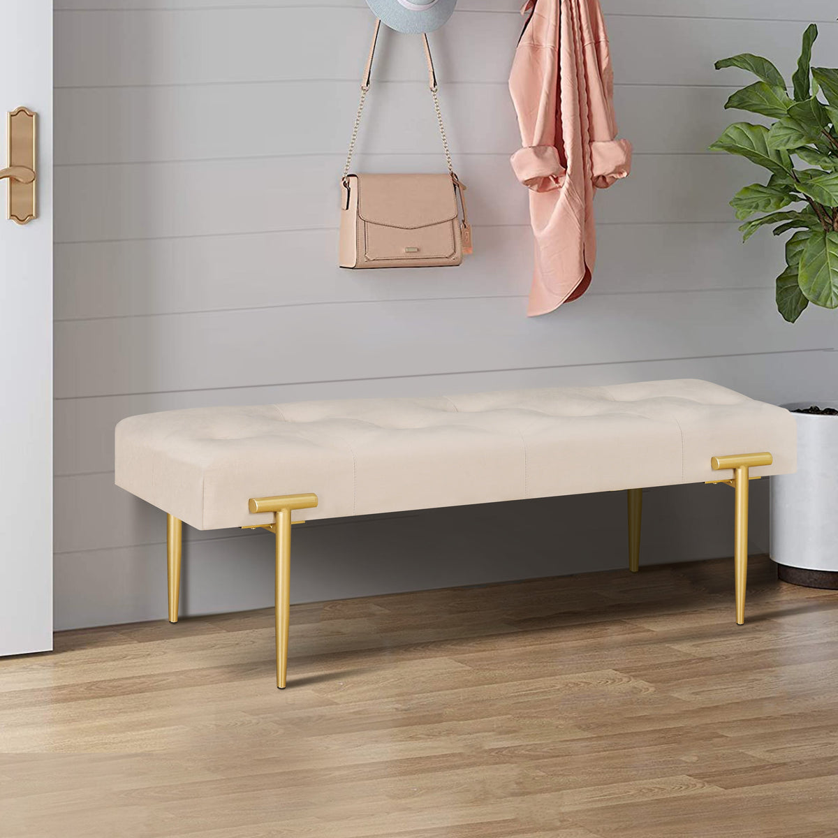48'' Modern Ottoman Bench Velvet Bench Upholstered Footrest With Gold Metal Legs And Padded Seat For Bedroom Living Room