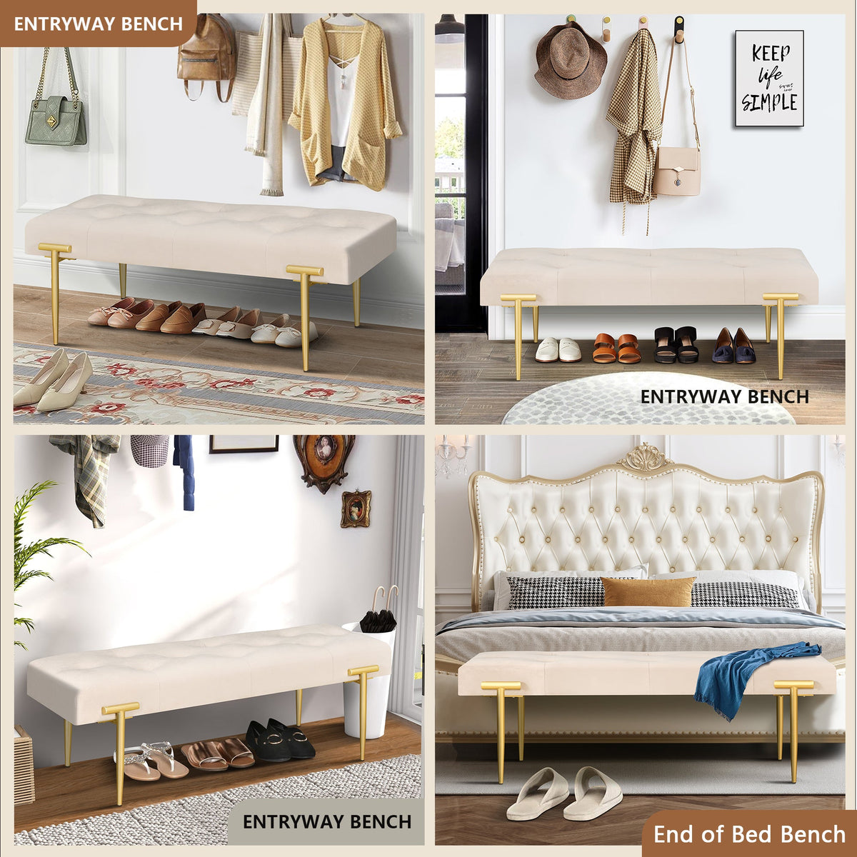 48'' Modern Ottoman Bench Velvet Bench Upholstered Footrest With Gold Metal Legs And Padded Seat For Bedroom Living Room