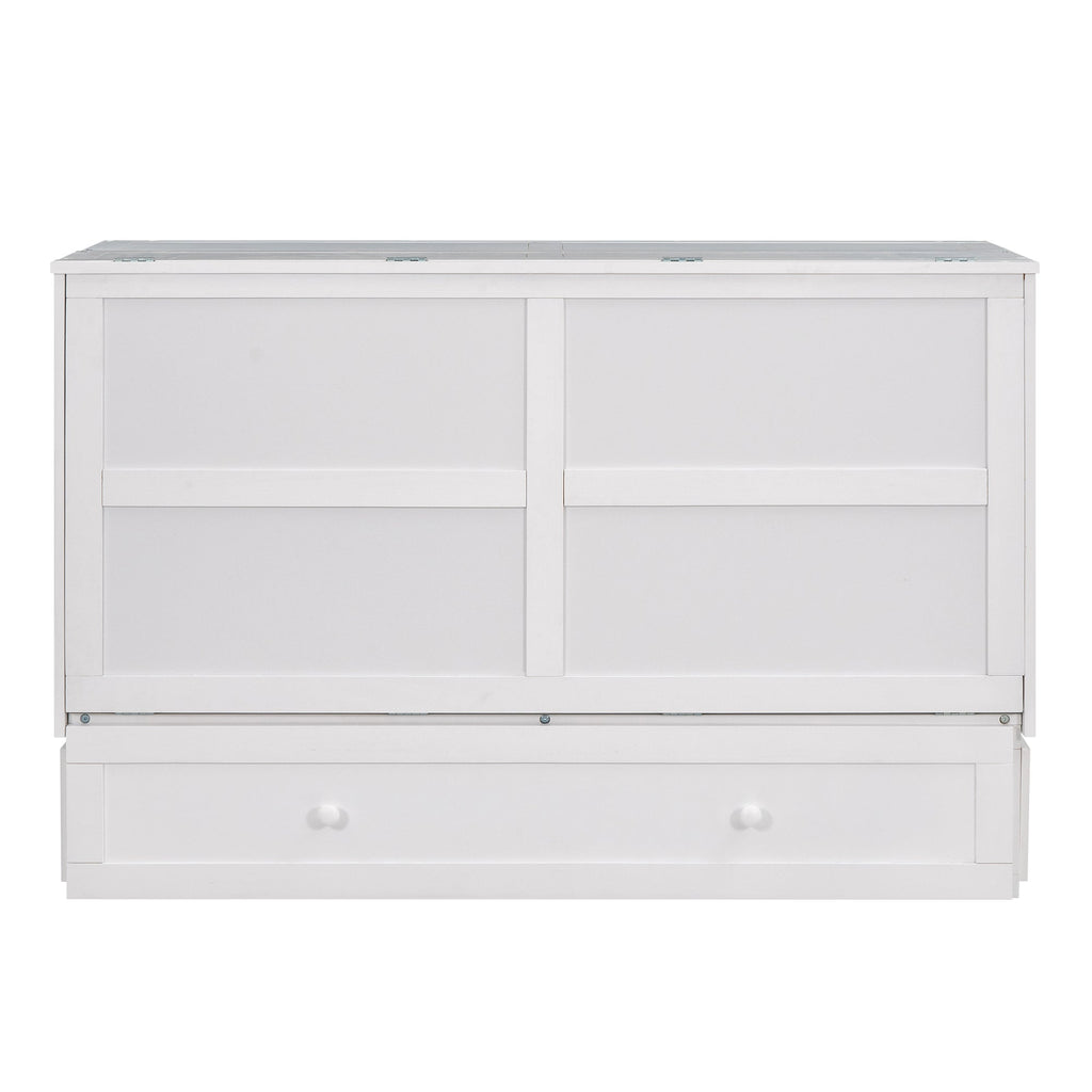 Queen Size Mobile Murphy Bed with Drawer and Little Shelves on Each Side White