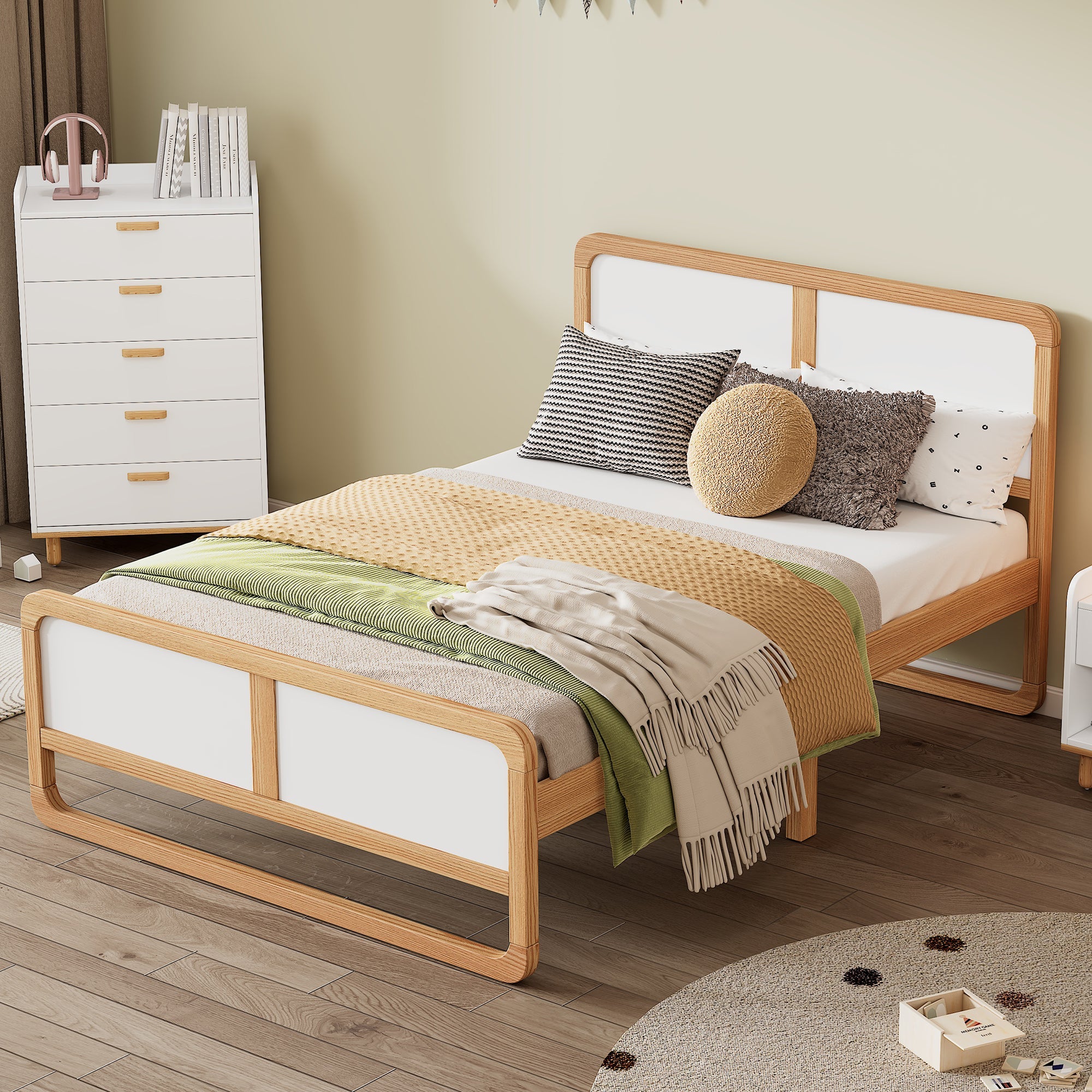 Modern Style Queen Size Solid Wood Platform Bed for Kids, Teens, Adults, No Need Box Spring, Walnut and White