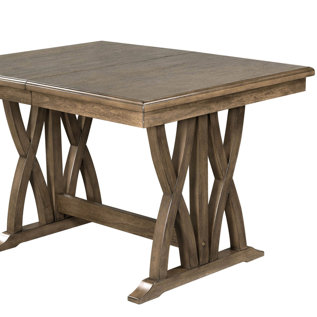TOPMAX Mid Century Solid Wood 7-Piece Expandable Dining Table Set with Soft Cushioned Chair, Gold Brown+Gray Cushions