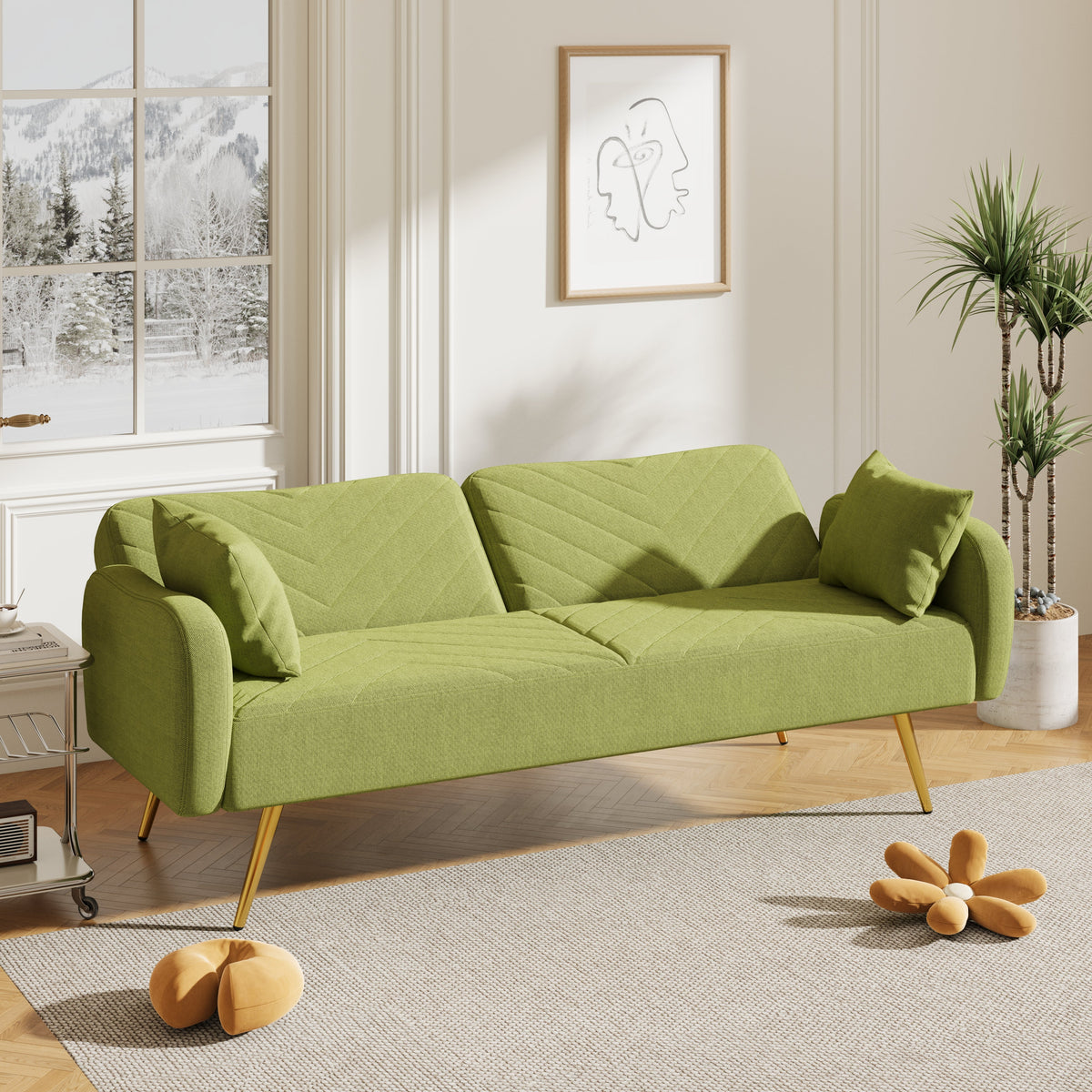 70.47" Green Fabric Double Sofa with Split Backrest and Two Throw Pillows