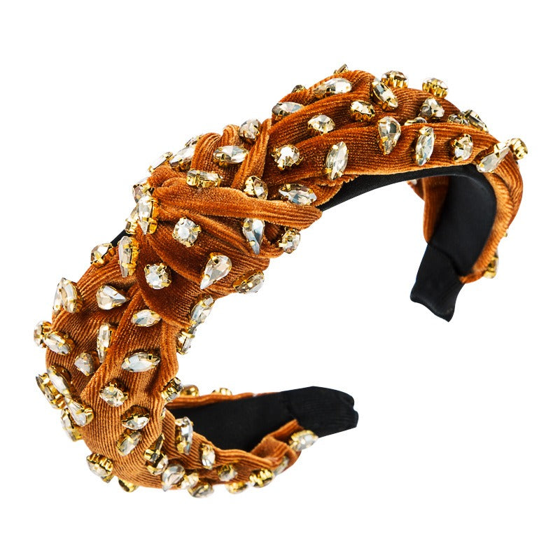 Fashionable gold velvet hand sewn full diamond hairband