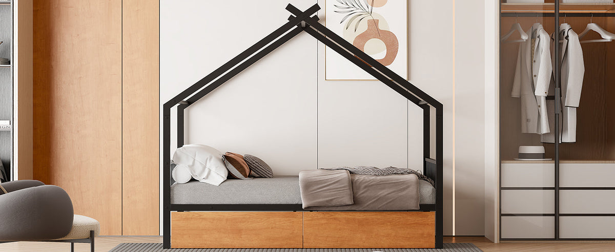 Twin Size Metal House Bed with Two Drawers, Black