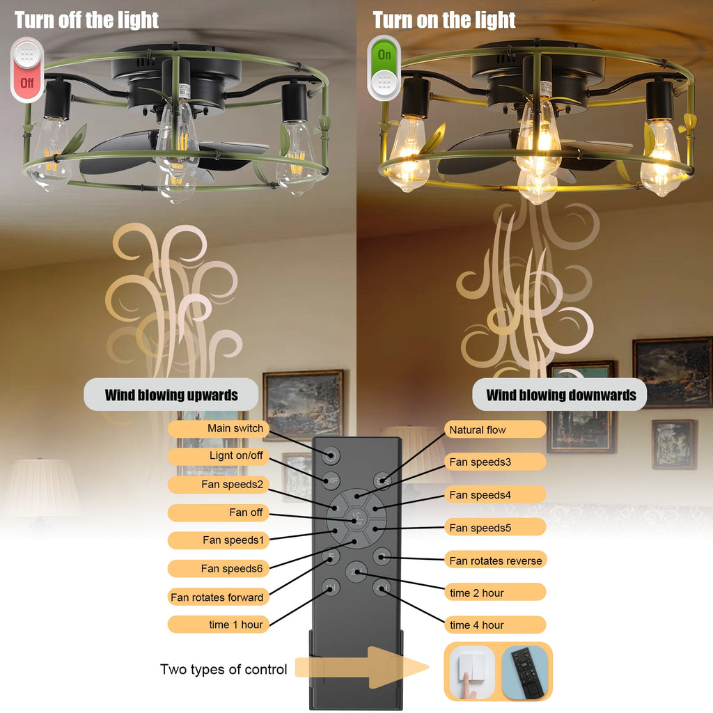 Flush Mount Ceiling Fans with Lights and Remote Control green Caged Low Profile Ceiling Fan Modern Metal Ceiling fanfor