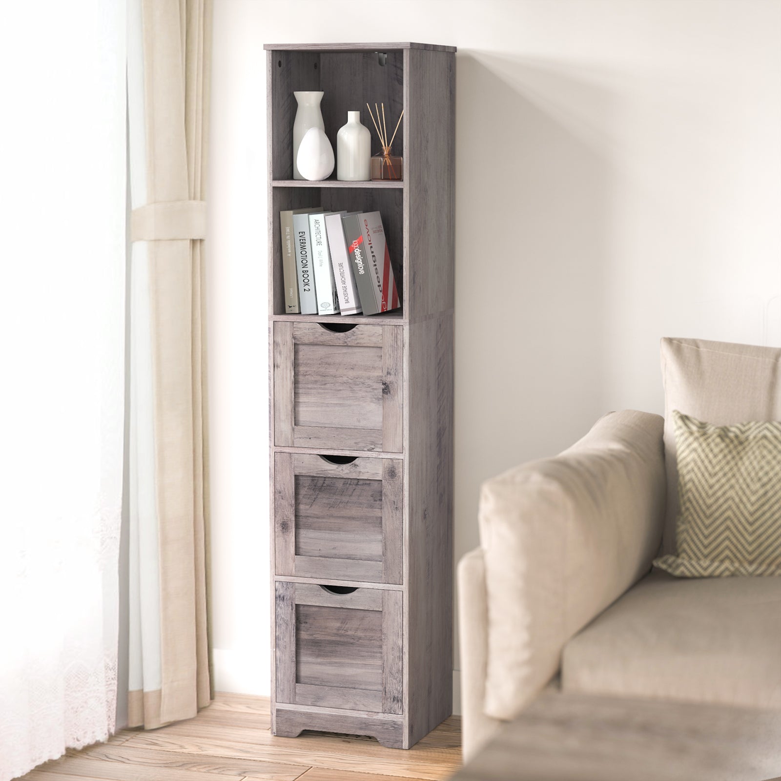 Bathroom Floor Cabinet with 3 Drawers 2 Shelves, Tall Narrow Bathroom Kitchen Pantry Storage Cabinet with Open Compartment Grey