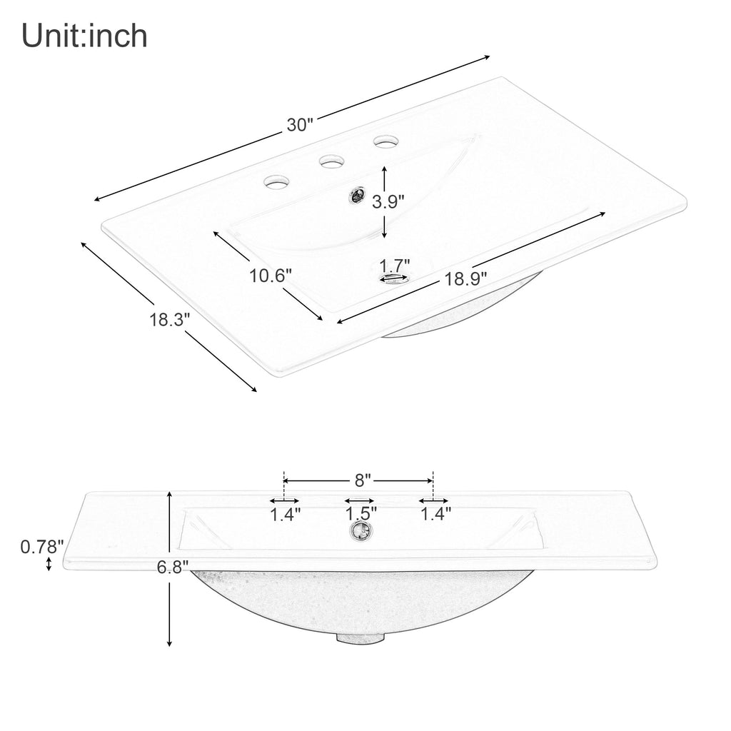 30" Bathroom Vanity with Sink Top, Bathroom Vanity Cabinet with Door and Two Drawers, Solid Wood Frame, One Package, White