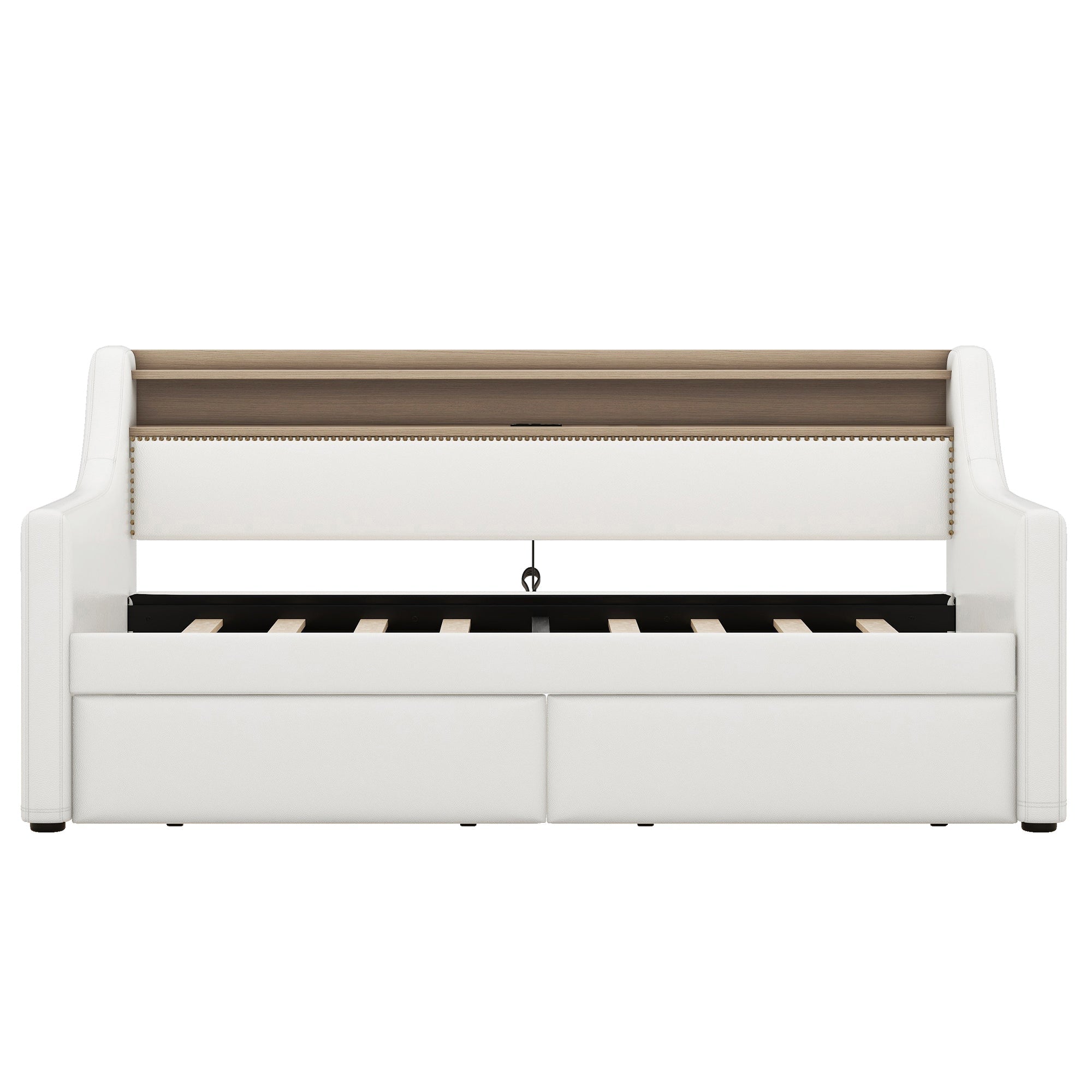Twin Size Daybed with Drawers, Upholstered Daybed with Charging Station and LED Lights, White
