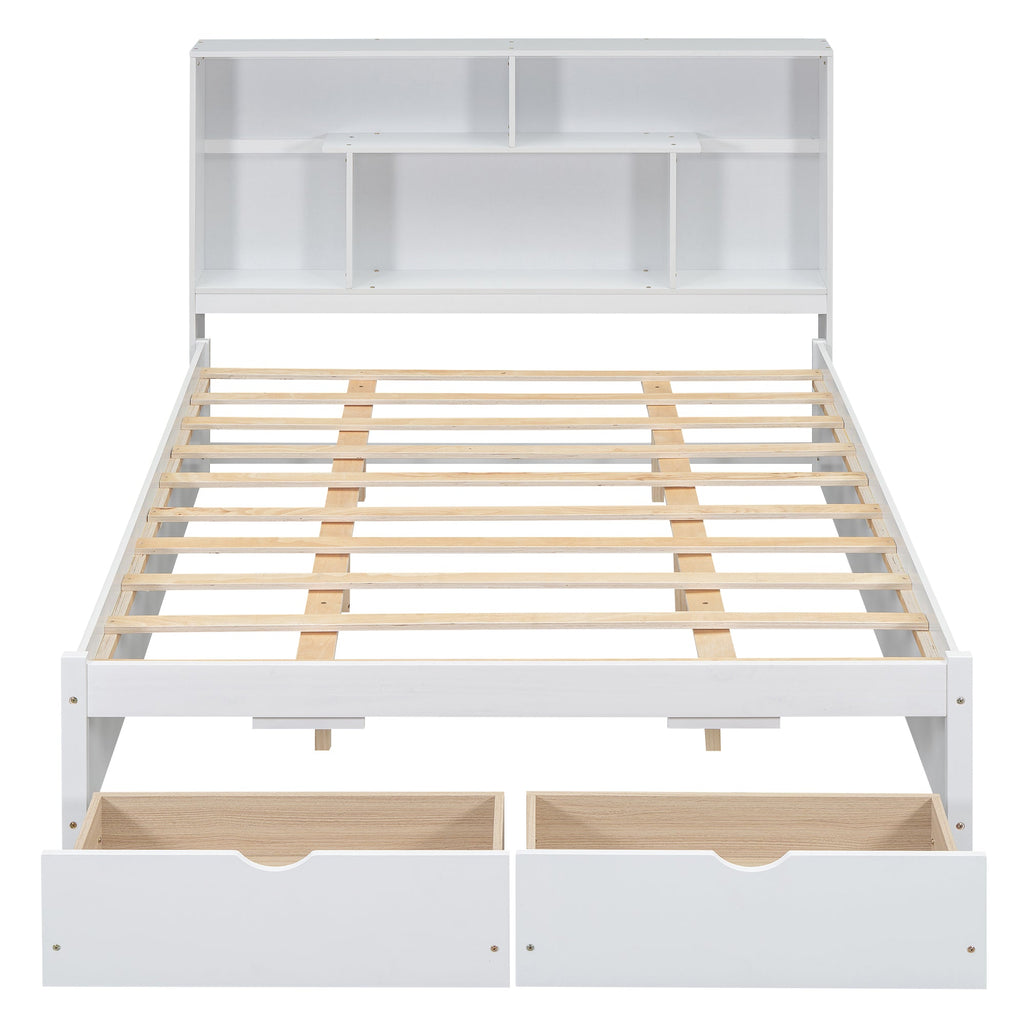 Queen Size Platform Bed with Storage Headboard and 2 Drawers, White