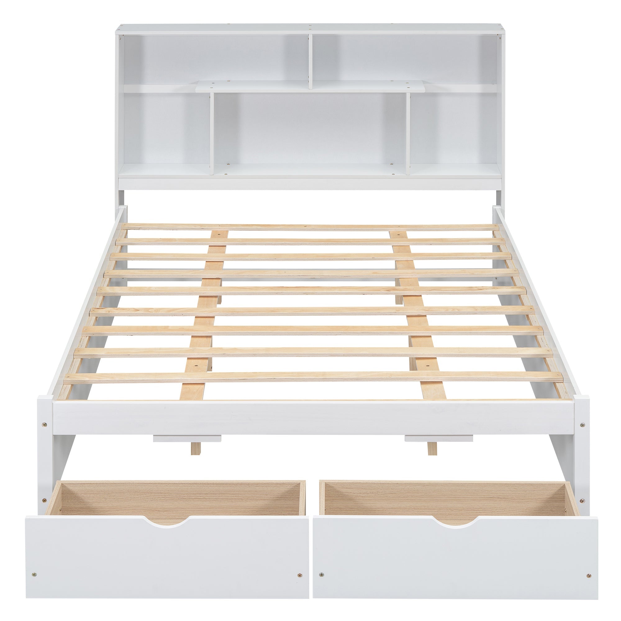 Queen Size Platform Bed with Storage Headboard and 2 Drawers, White