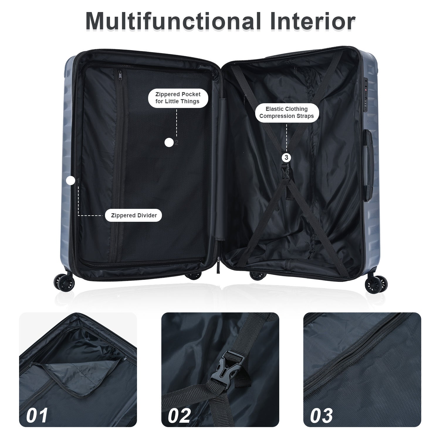 Luggage Sets New Model Expandable ABS+PC 3 Piece Sets with Spinner Wheels Lightweight TSA Lock (20/24/28), STEEL GRAY