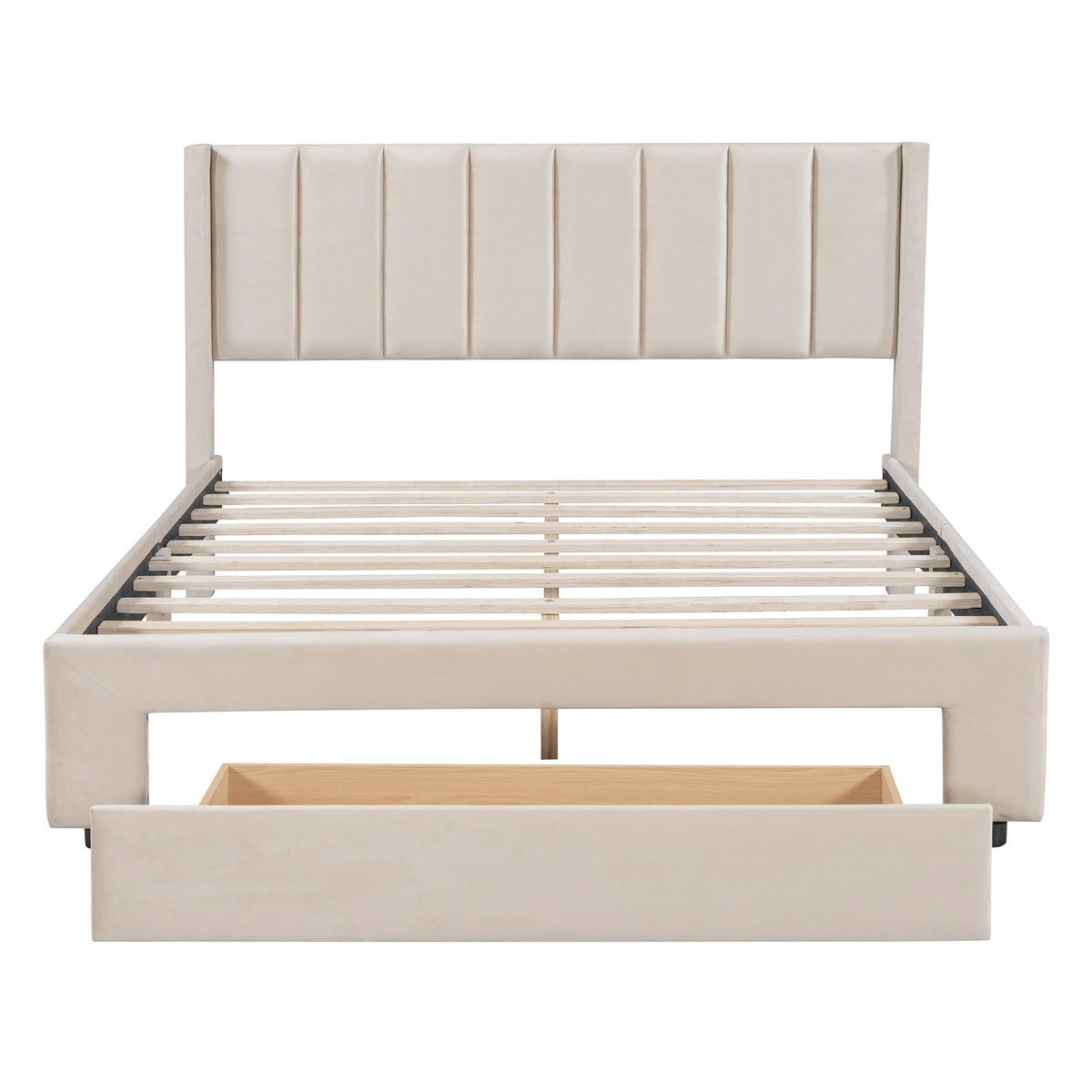 Queen Size Storage Bed Velvet Upholstered Platform Bed with a Big Drawer - Beige