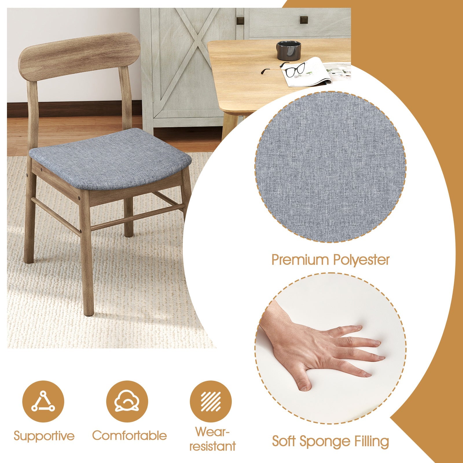 Fabric Upholstered Kitchen Armless Dining Chairs with Rubber Wood Frame Set of 4-Oak