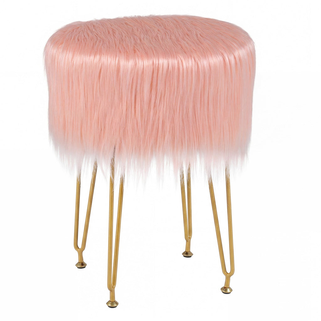 Faux Fur Vanity Stool Chair with Metal Legs for Bedroom and Living Room