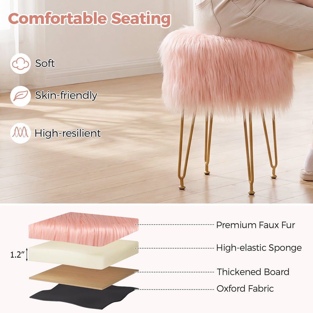 Faux Fur Vanity Stool Chair with Metal Legs for Bedroom and Living Room