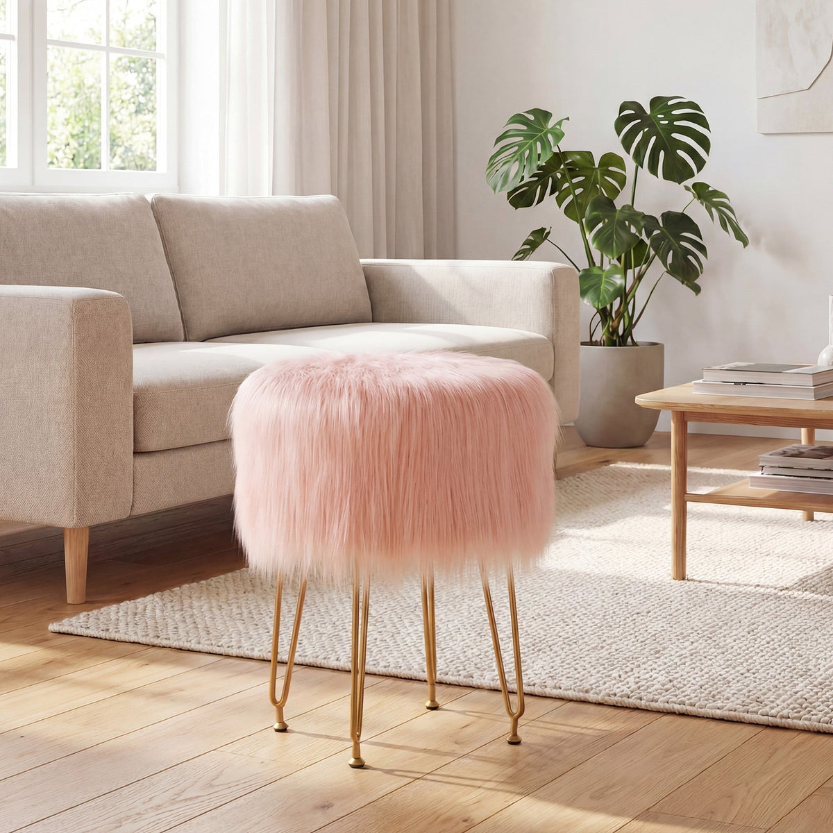 Faux Fur Vanity Stool Chair with Metal Legs for Bedroom and Living Room