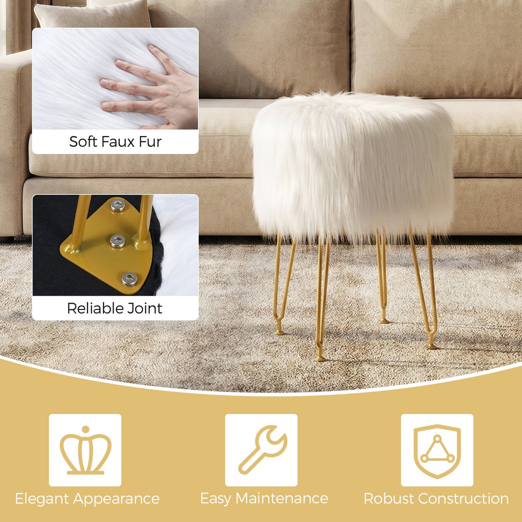 Faux Fur Vanity Stool Chair with Metal Legs for Bedroom and Living Room