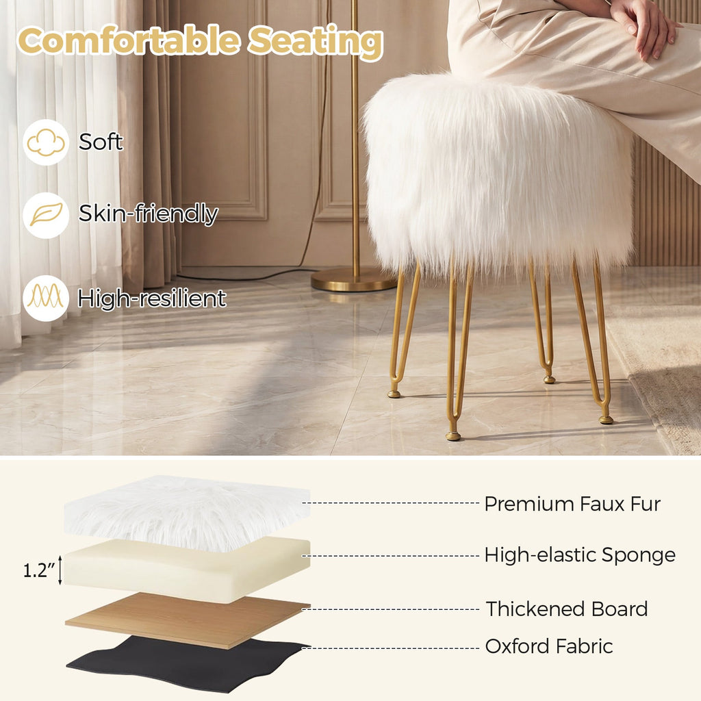 Faux Fur Vanity Stool Chair with Metal Legs for Bedroom and Living Room