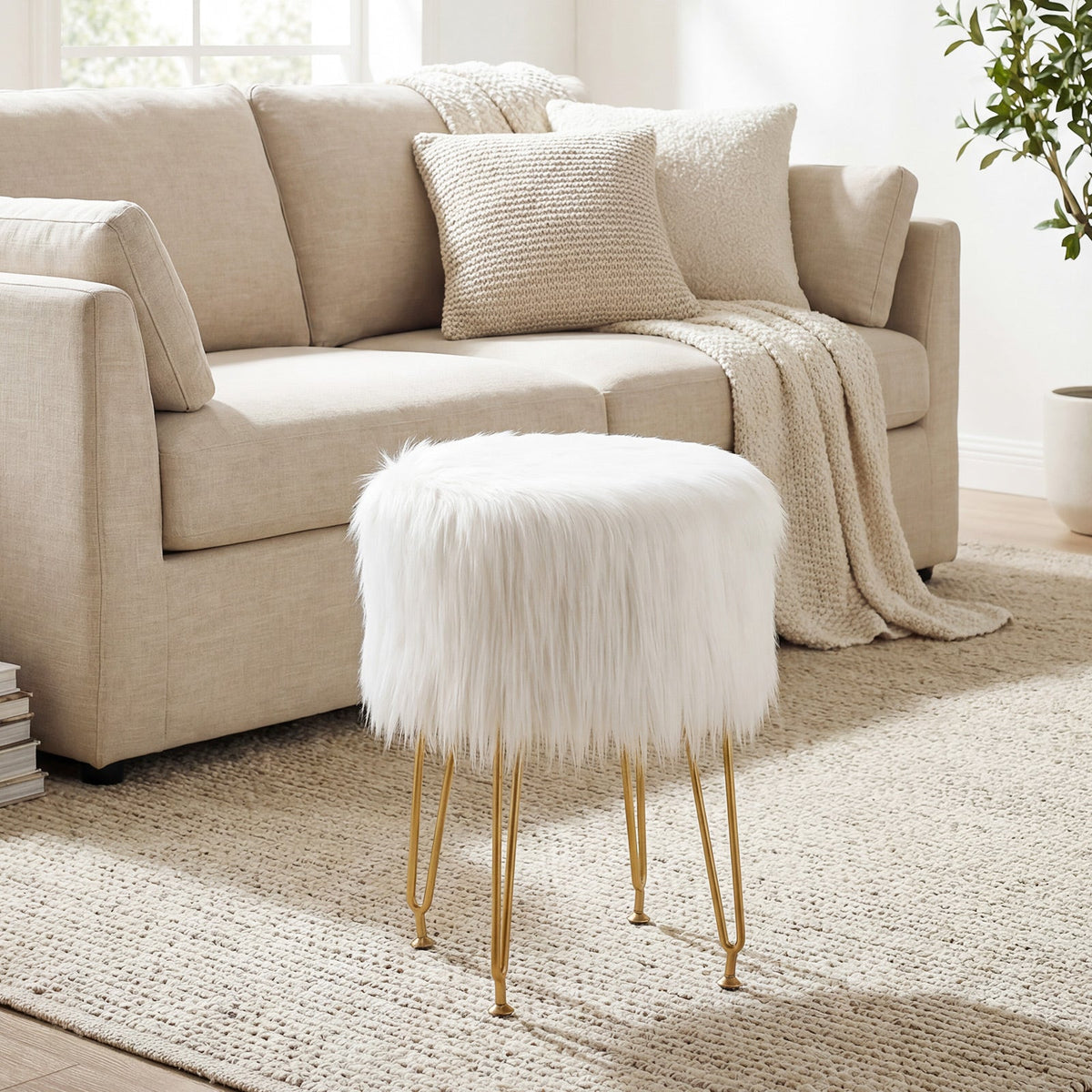 Faux Fur Vanity Stool Chair with Metal Legs for Bedroom and Living Room