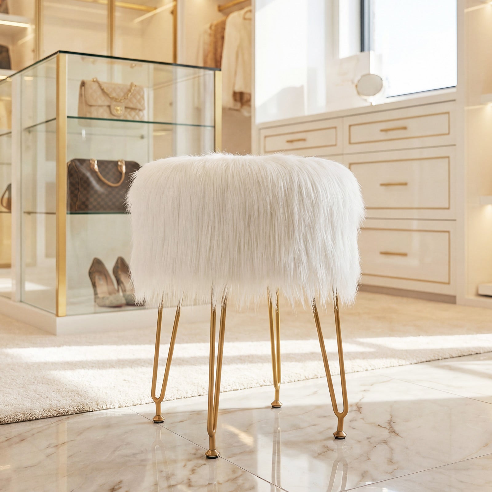 Faux Fur Vanity Stool Chair with Metal Legs for Bedroom and Living Room