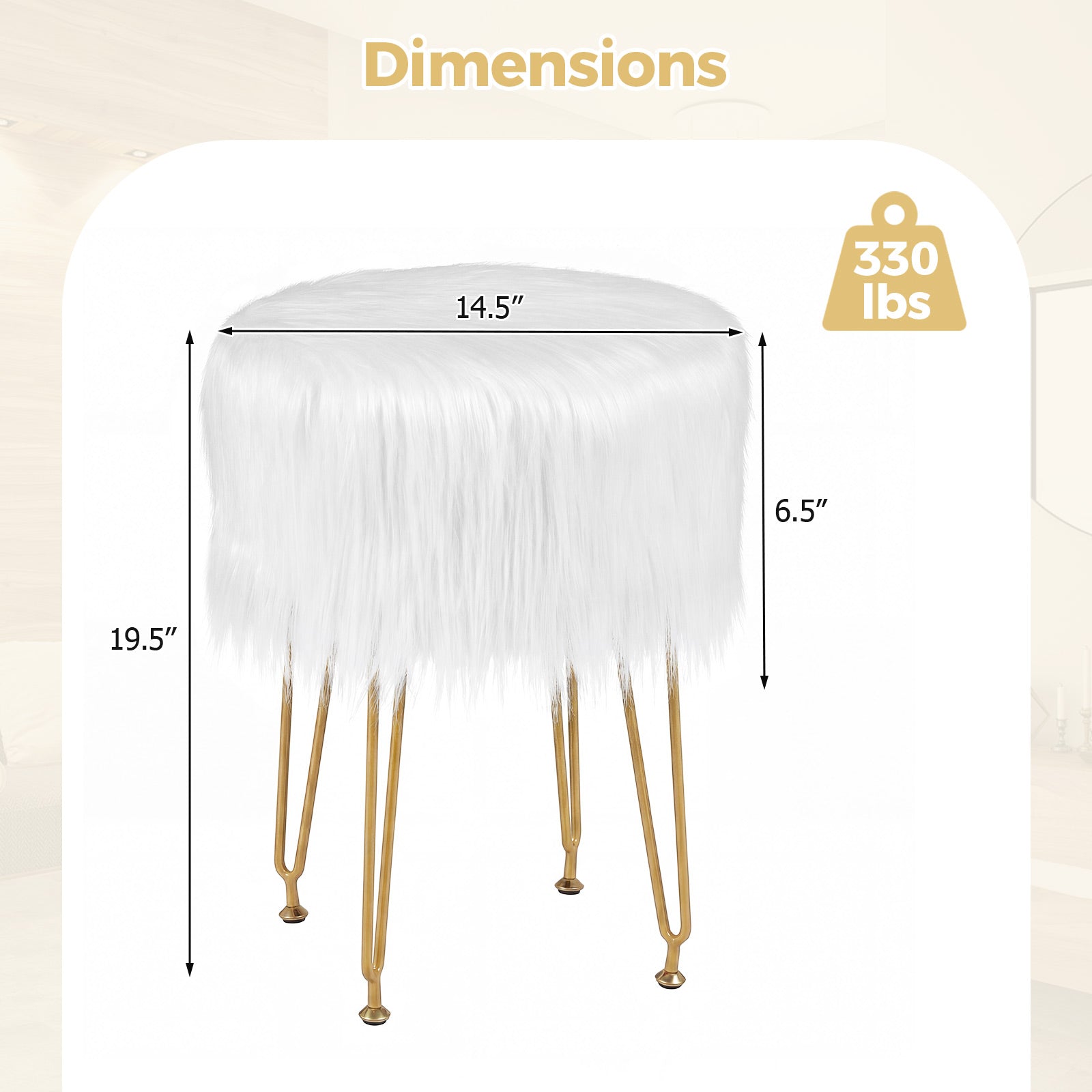 Faux Fur Vanity Stool Chair with Metal Legs for Bedroom and Living Room