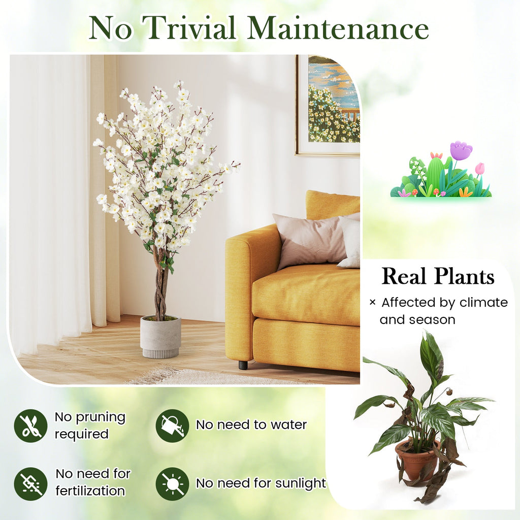 Faux Plum Blossom Plant with White Fabric Flower and Solid Wood Trunk-White