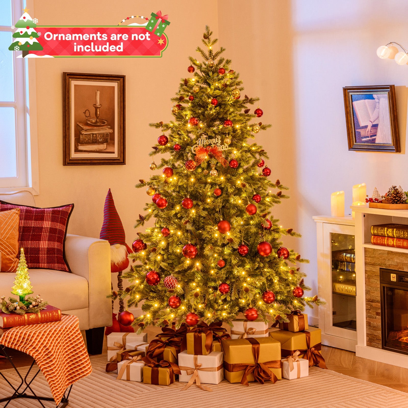 6/7/8 Feet Christmas Tree with Warm White LED Lights and Pine Cones