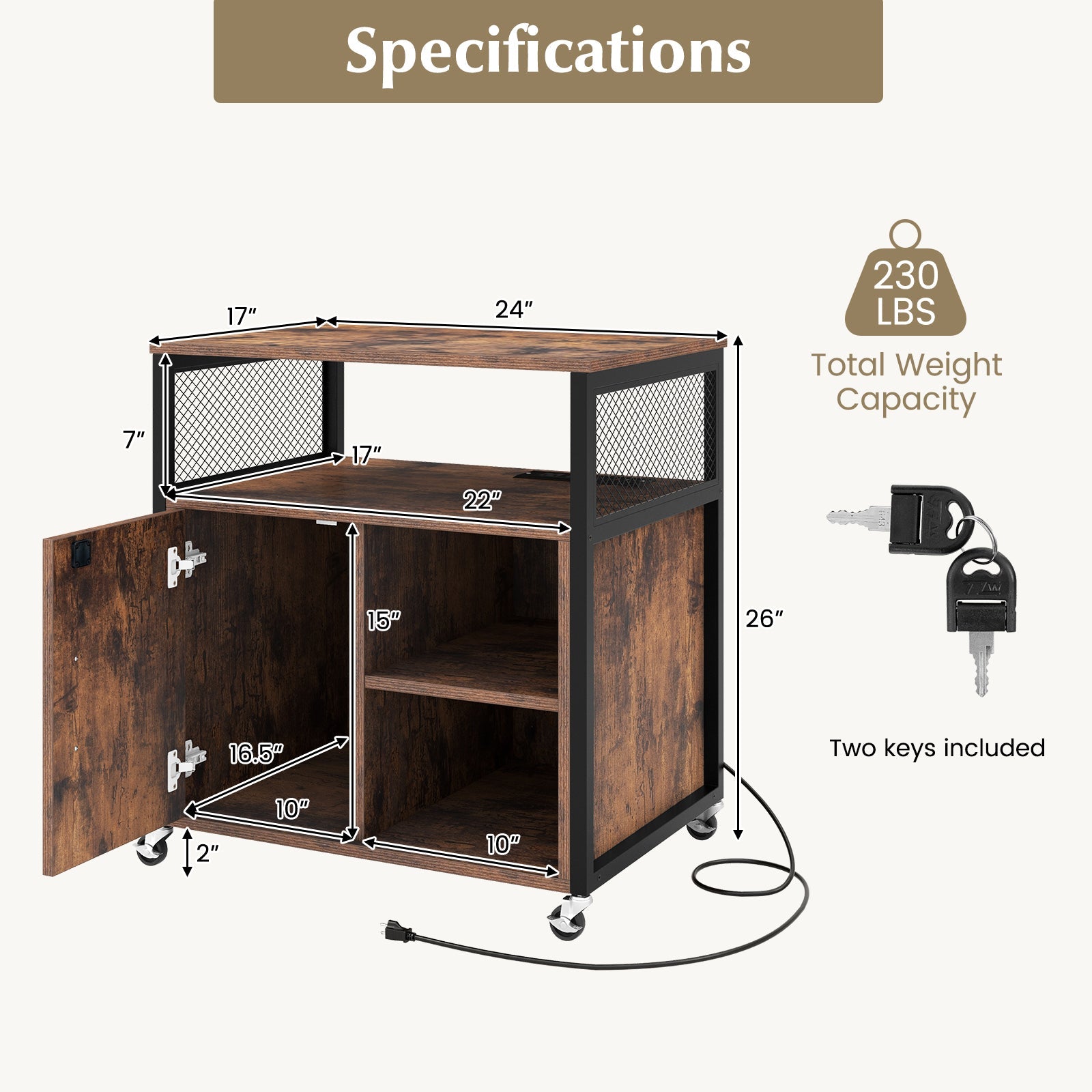 File Cabinet on Wheels with Charging Station and Cable Management Hole