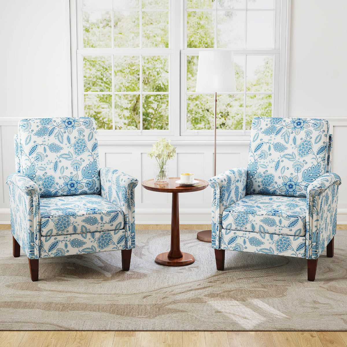 Floral Accent Chair Farmhouse Boho Armchair with Solid Wood Legs and High Back