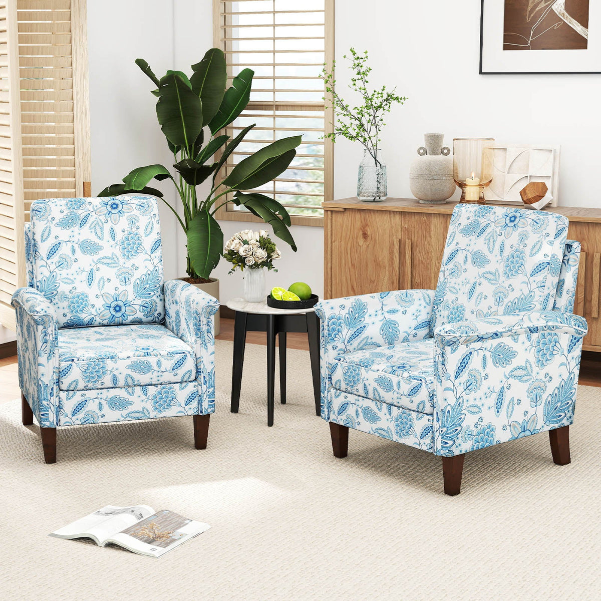 Floral Accent Chair Farmhouse Boho Armchair with Solid Wood Legs and High Back