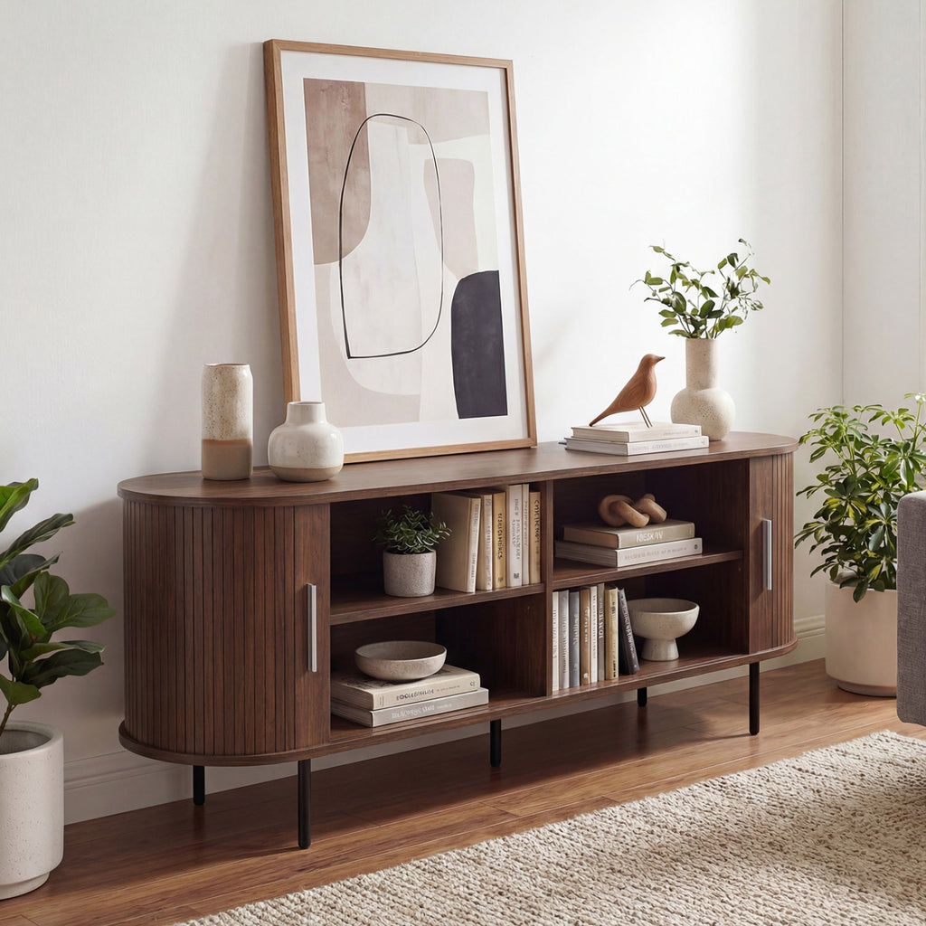 Fluted TV Stand for TVs up to 60" Mid Century Curved Entertainment Center