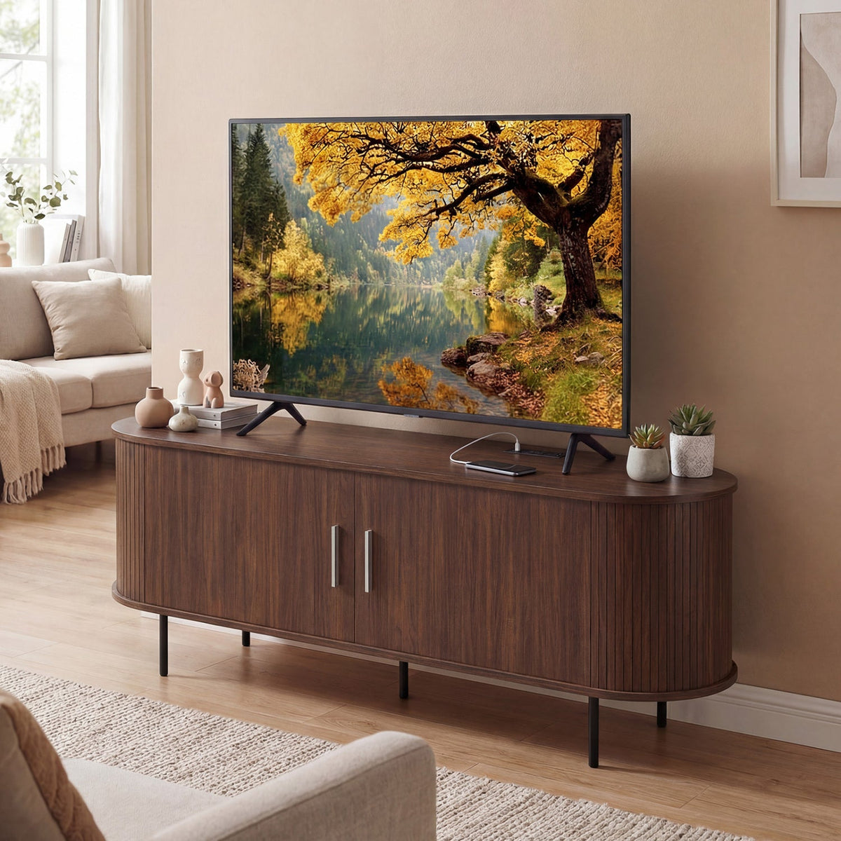 Fluted TV Stand for TVs up to 60" Mid Century Curved Entertainment Center