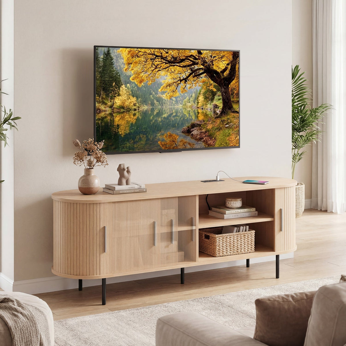Fluted TV Stand for TVs up to 60" Mid Century Curved Entertainment Center