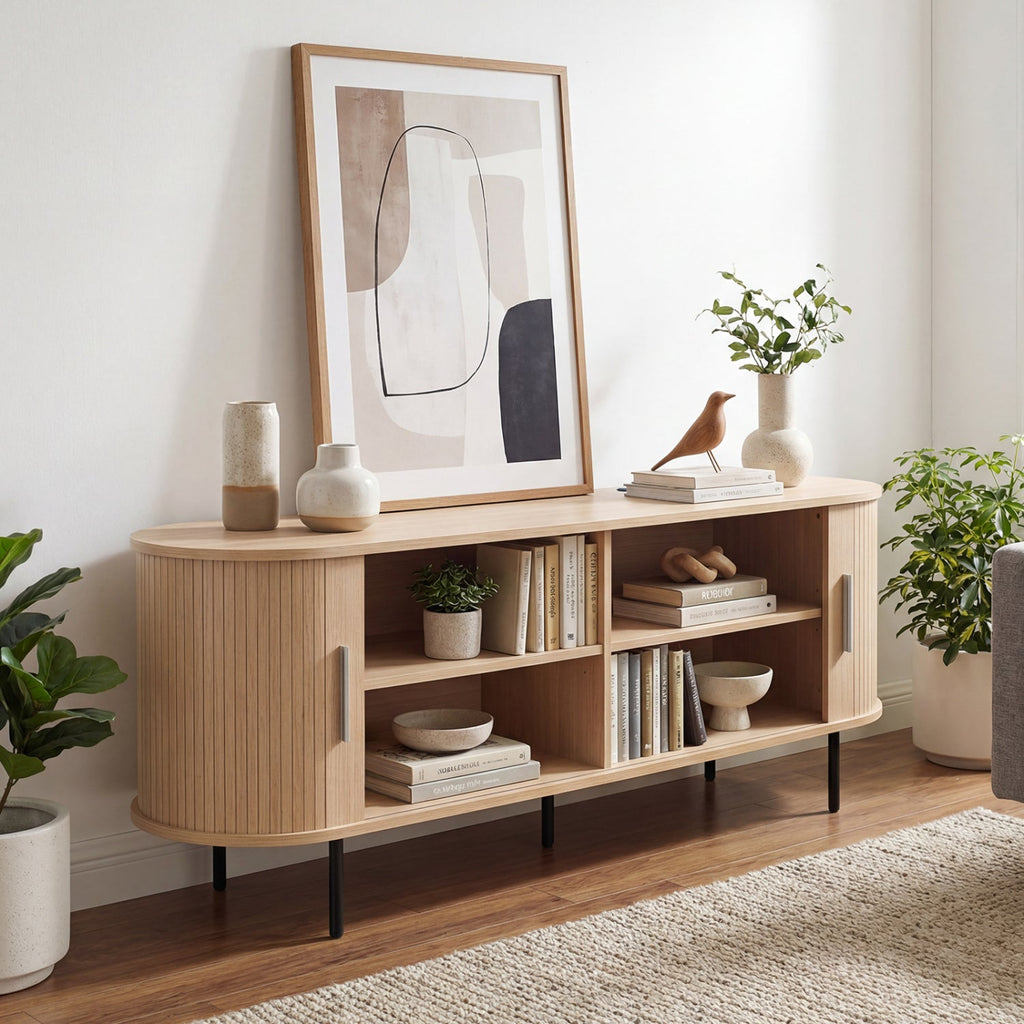 Fluted TV Stand for TVs up to 60" Mid Century Curved Entertainment Center