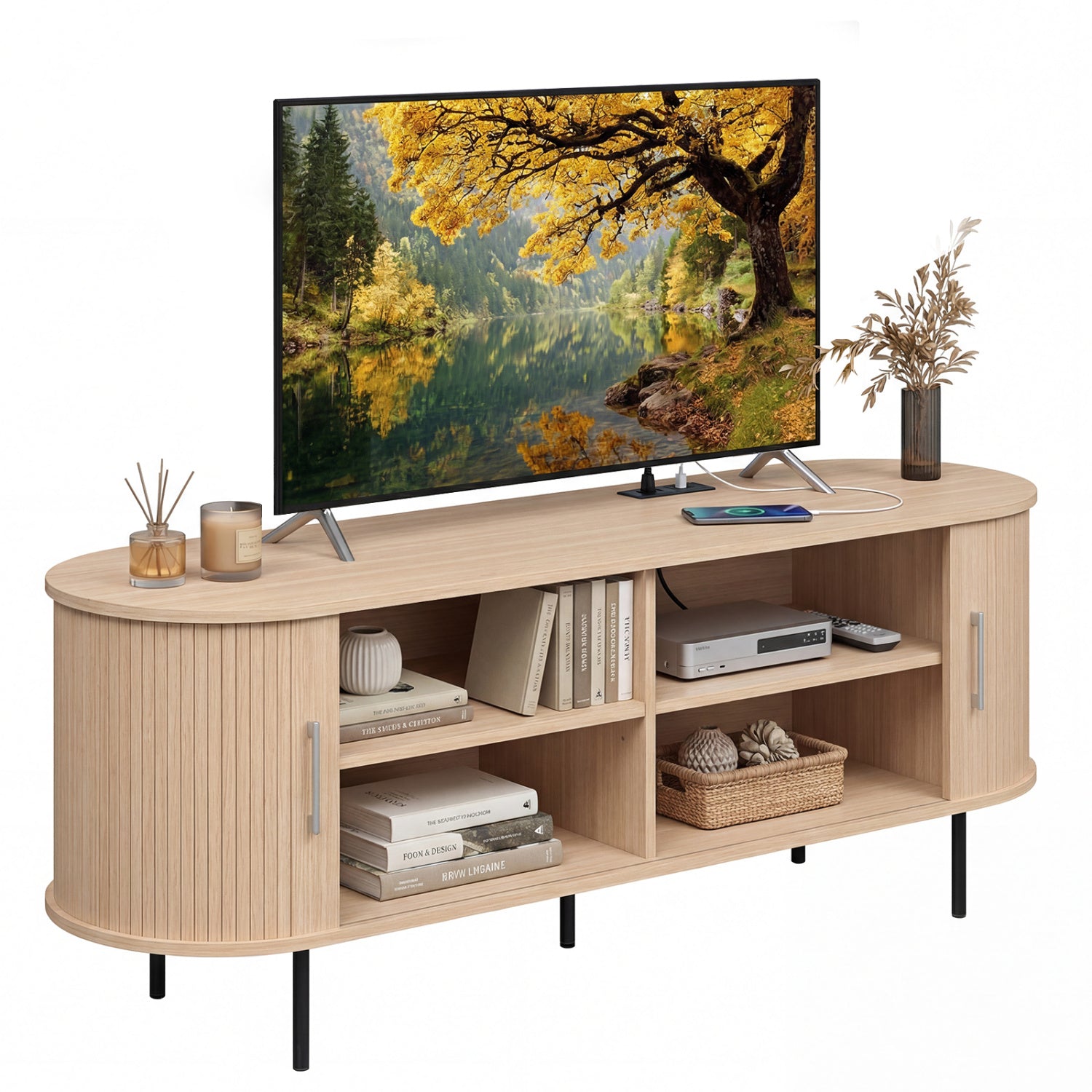 Fluted TV Stand for TVs up to 60" Mid Century Curved Entertainment Center