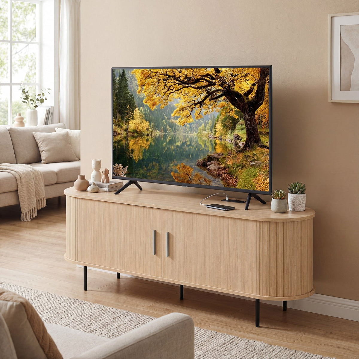 Fluted TV Stand for TVs up to 60" Mid Century Curved Entertainment Center