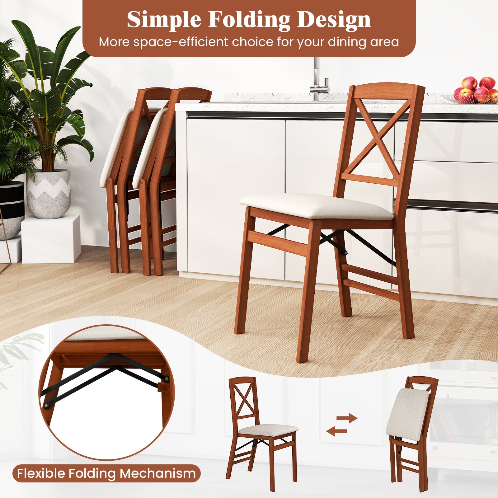 Folding Dining Chairs Set of 2 with Padded Seat and Rubber Wood Frame